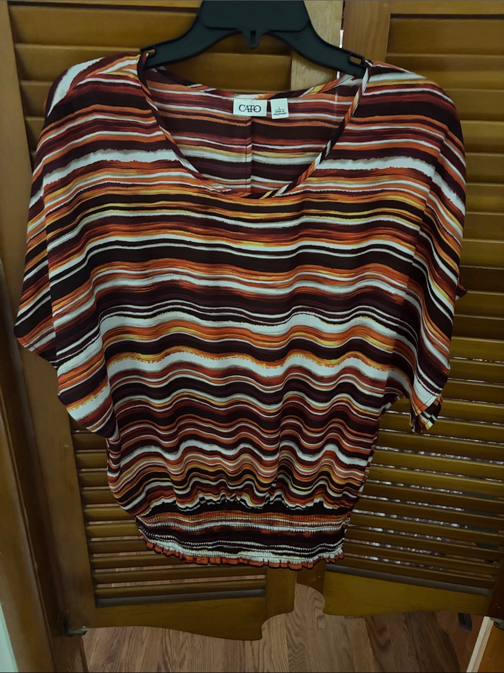 Cato Women's Multi-Stripe Short Sleeve Blouson Top - Rust, Brown, Cream